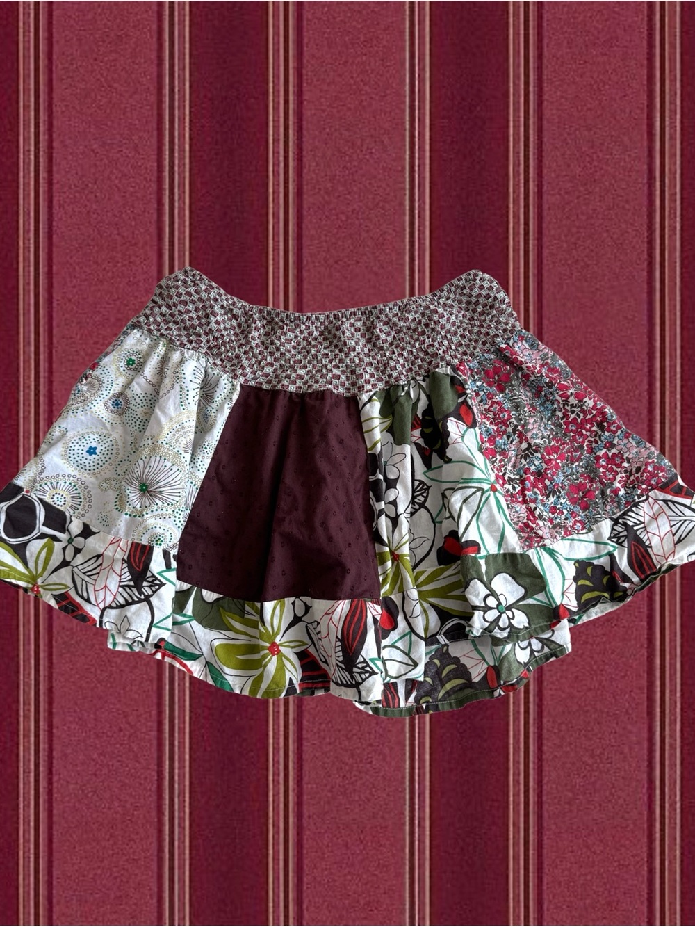 Fire Los Angeles Patchwork Floral Mini Skirt in Burgundy, White, Green